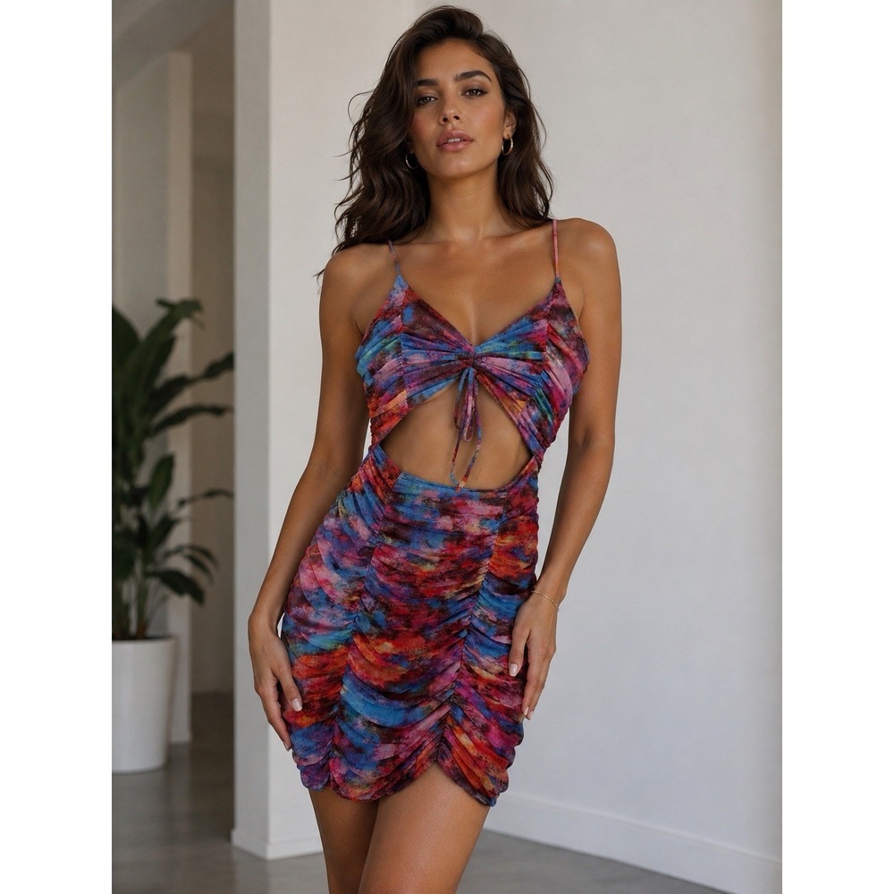 dynamic aesthetic Enchanting‎ Watercolor Ruched Cut-Out Mini Dress L